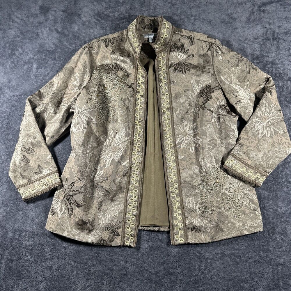 Brocade Floral Open Jacket Sz XL Tan Gold Asian Collar Beading Maximalist Artsy